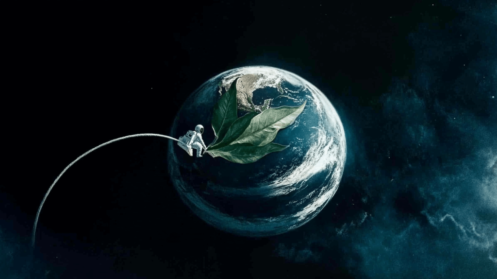 um astronauta no espaço com um enorme e desproporcional ramo de louro acena ao planeta Terra