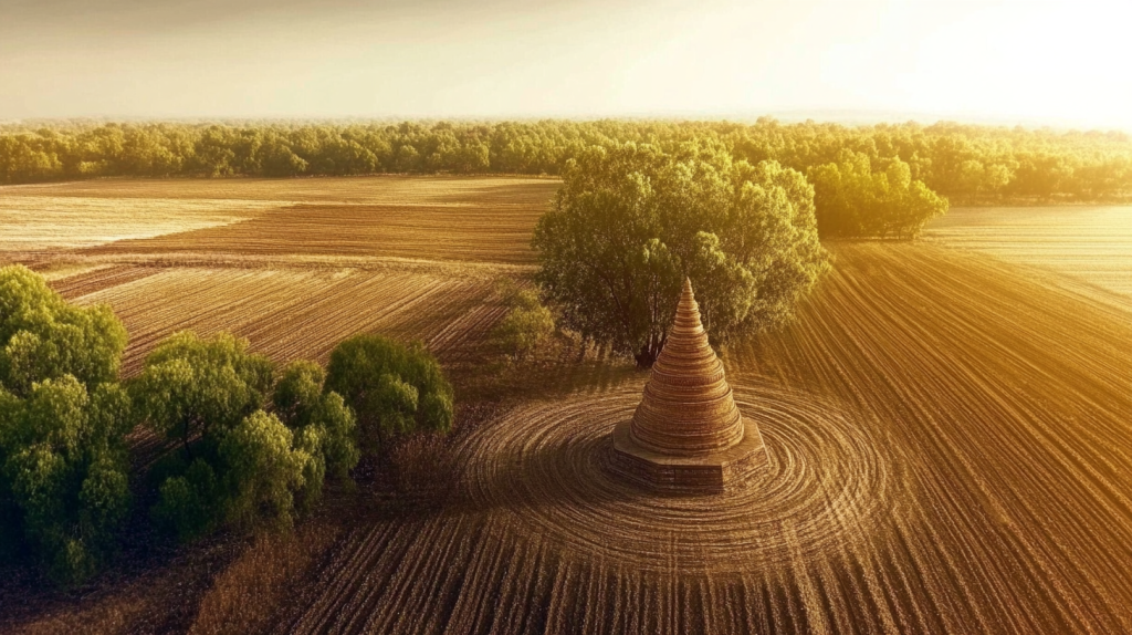 Campo agricola, arado, salpicado por árvores