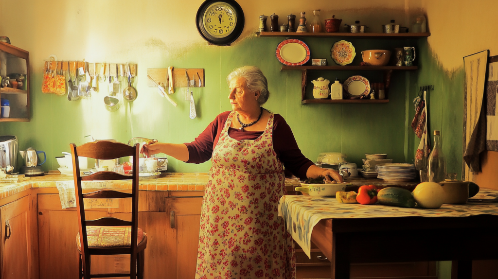 Mulher na meia idade a cozinhar, numa cozinha caseira