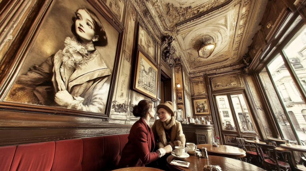Duas mulheres conversam em tipico café parisiense, numa atmosfera vintage