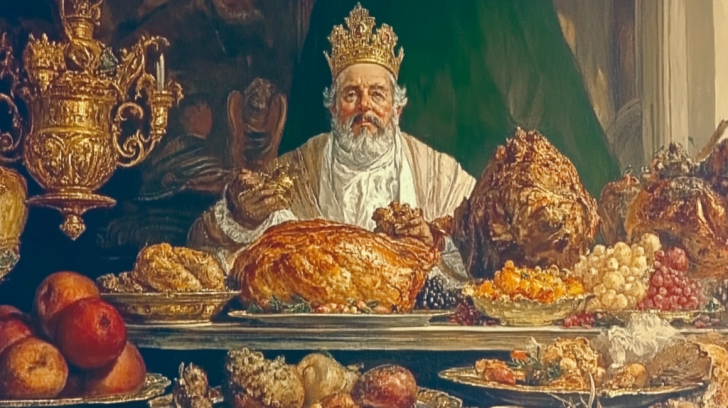 Grande plano de uma mesa de banquete, composta com diversa comida em travessas num arranjo opulento, por tras das quais o rei preside à cerimónia 