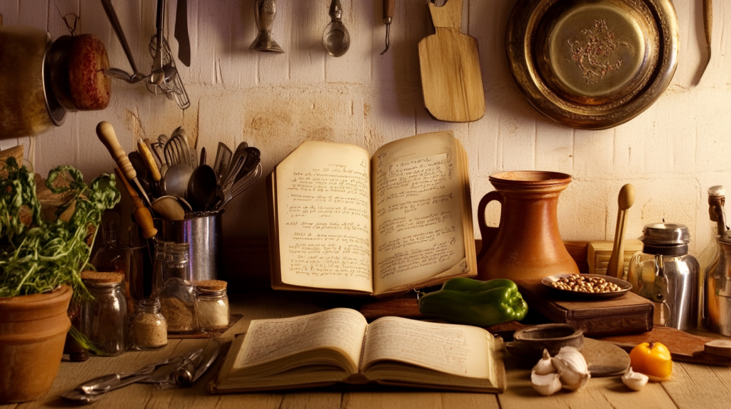 Bancada de cozinha com dois livros de receitas e diversos utensilios de cozinha, assim como alimentos, ervas aromáticas, pimentos e alhos