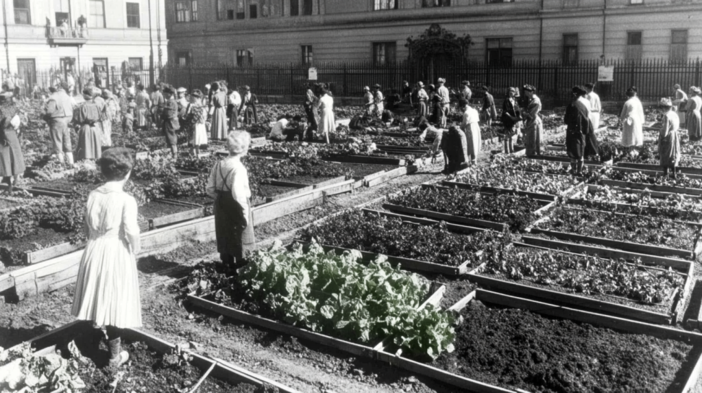 Várias pessoas vestidas cmo na década 40 do século XX, trabalham num jardim convertendo-o em hortas para cultivo de alimentos 
