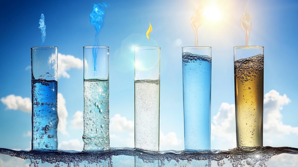 Cinco tubos de ensaio com liquidos de diferentes cores parcialmente submersos em água contra céu azul