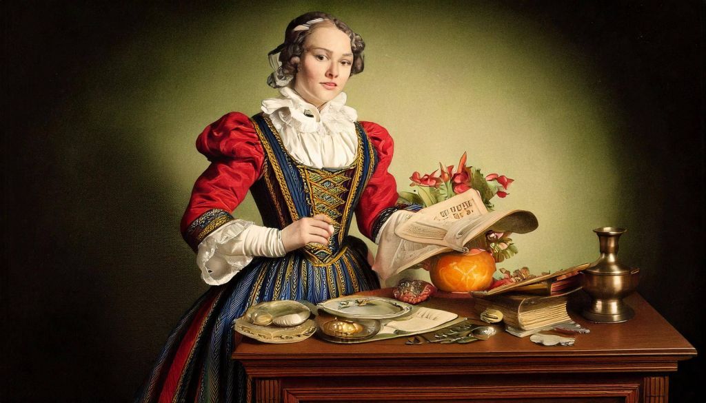 Mulher vitoriana junto a uma mesa, folheando um livro
