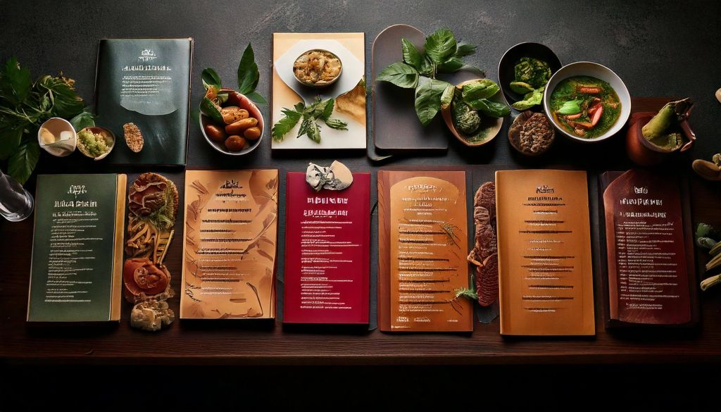 Diversos menus de diferentes cores dispoem-se sobre uma mesa escura adornada com ervas aromáticas.