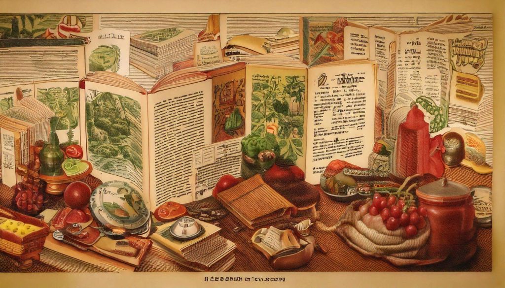 Ilustração de bancada com vários alimentos e objectos culinários, com diversas revistas e livros por trás