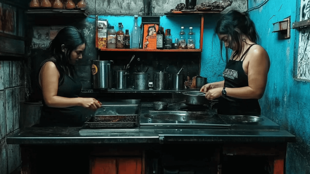 Duas mulheres, numa cozinha pobre, preparam alimentos, viradas uma para a outra
