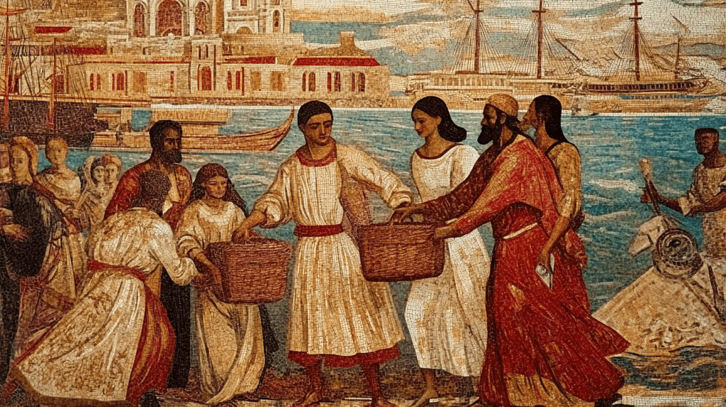 Gravura evocativa do tempo das cruzadas, representando homens num mercado em primeiro plano, por trás caravelas repousam na água.