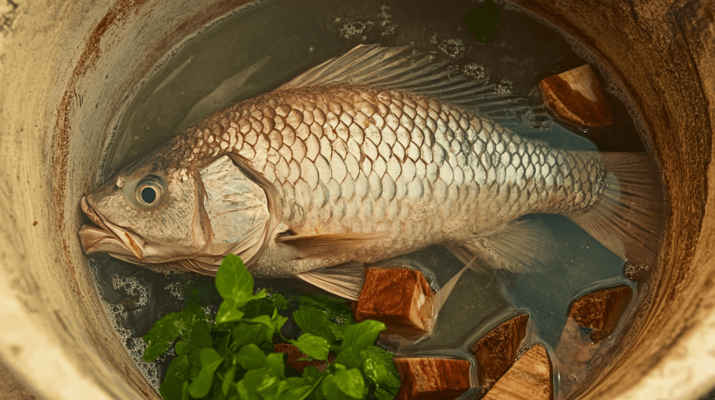 Grande plano de um peixe num vaso de barro em água, com temperos frescos a rodeá-lo