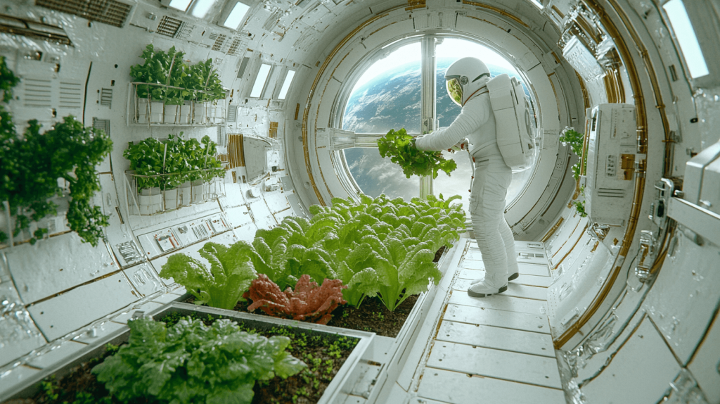 Interior de uma nave espacial onde um astraunata trata da sua cultura de vegetais