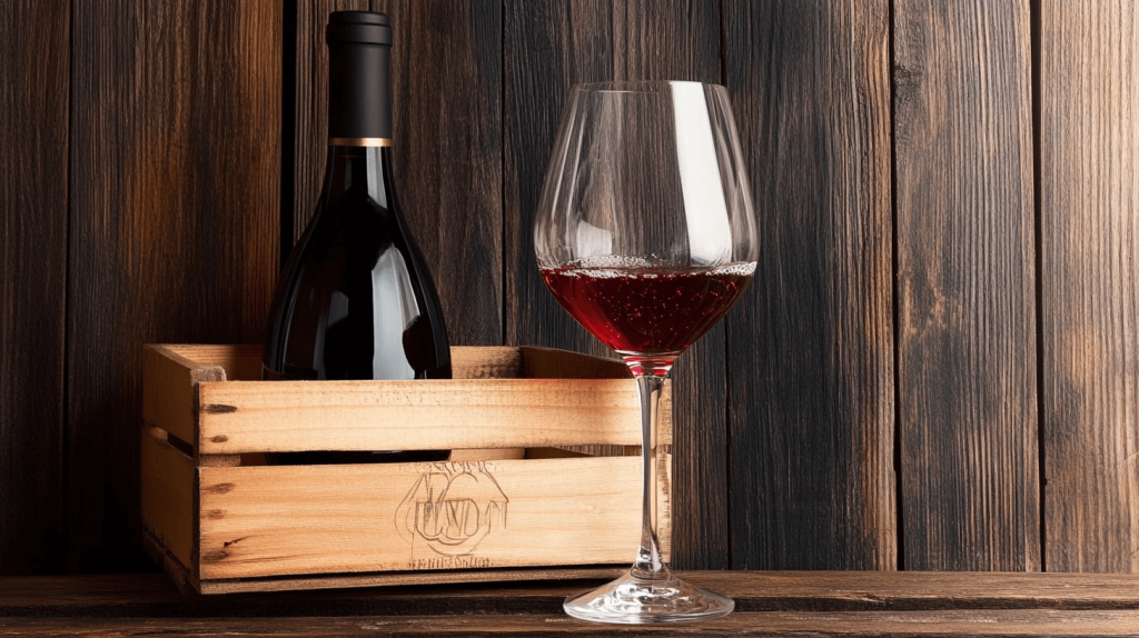 Legante copo de pé alto de vinho tinto em grande plano contra fundo de madeira, atrás à esquerda uma garrafa de vinho tinto dentro de uma caixa de madeira