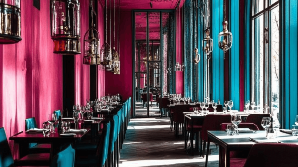 Interior de um restaurante com duas filas de mesas, o interior em tons azus e cor-de-rosa, e as mesas esttão dispostas elegantemente.