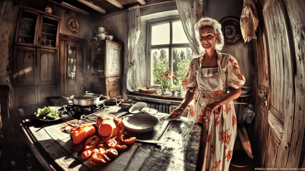 Ilustração de uma cozinha, na qual uma mulher idosa cozinha