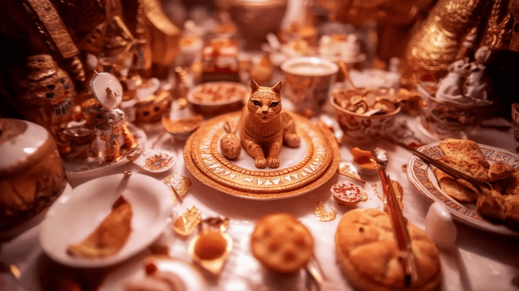 Grande plano de uma luxuriosa mesa decorada em tons dourados e castanhos, no centro um prato com uma delicada contemporânea estátua da esfinge