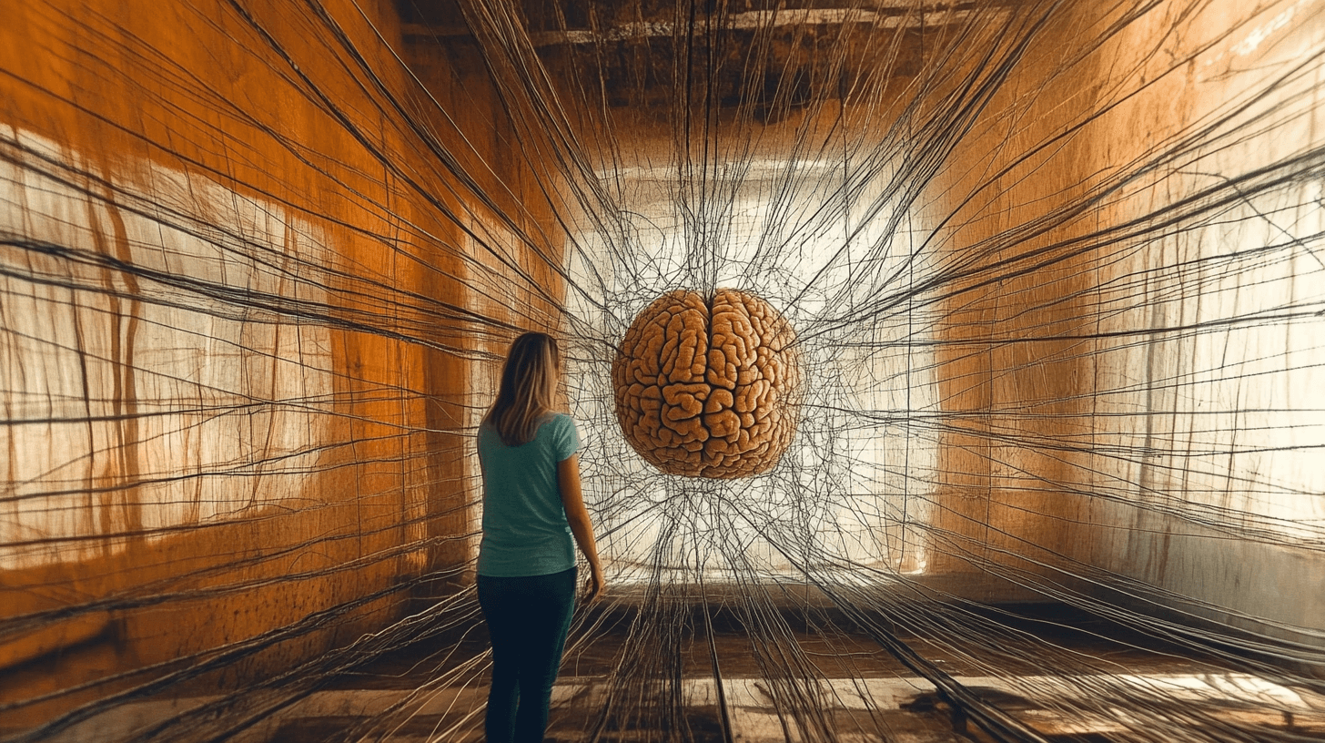Ilustração surrealista de um cerebro no meio de quarto, ligado às paredes por multiplos fios, em primeiro plano uma mulher de costas