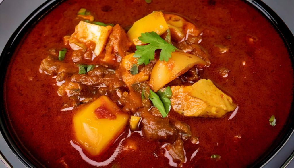 Representação do Vindaloo, um prato tipico da zozinha contemporânea indiana, composto por caldo e no centro carne confeitado com salsa