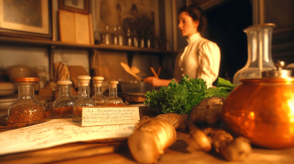 Grande plano de uma bancada de cozinha, com diversas especiarias e alimentos, em segundo plano a imagem de uma mulher