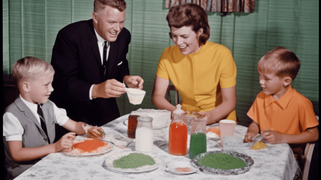 Representação de uma tipica familia americana, dos anos 60 a tomar o pequeno almoço, com a mãe e o pai ao centro e os filhos a ladeá-los