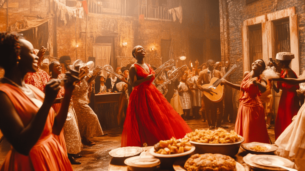 ambiente de um bar afro-americano dos anos trinta, em primeiro plano uma mesa com comida, ao centro uma cantora negra com os musicos por trás