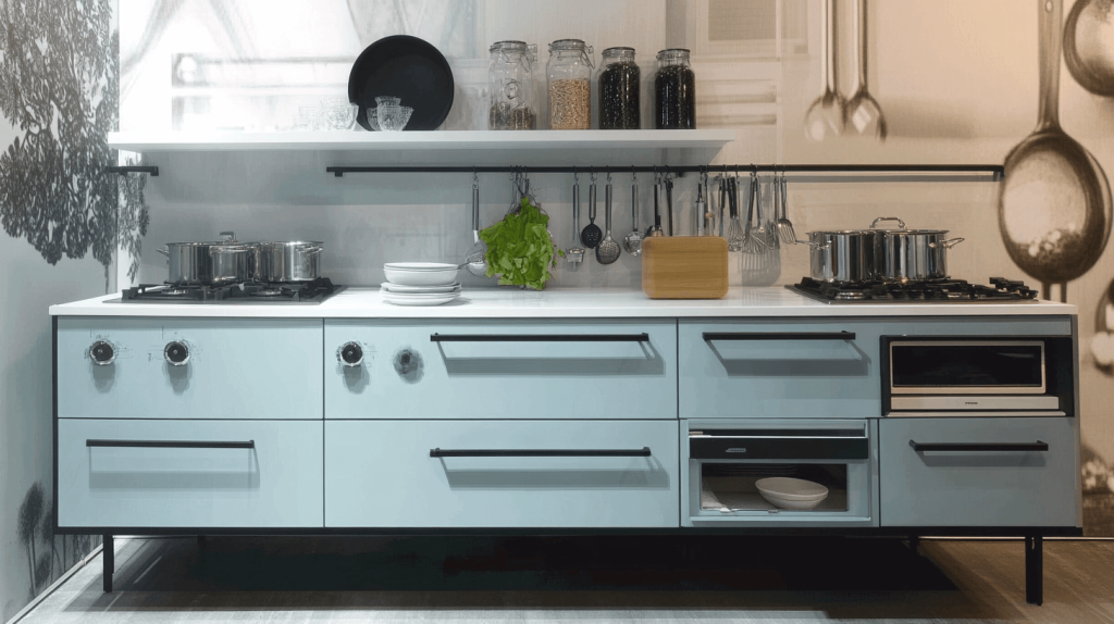 Representação minimalista de uma bancada de cozinha funcional, com diversis adereções e utensilios pendurados na parede