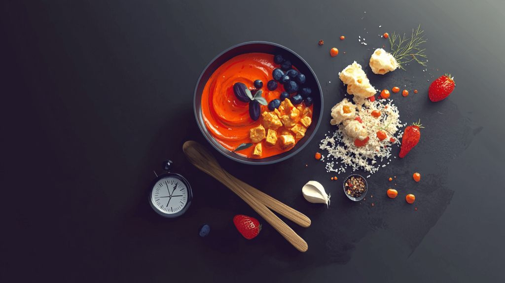 Composição de carateristicas minimalistas de uma tigela com alimentos em cima de uma mesa cinzento escuro, à direita diversos alimentos como alho, pimentas e morangos, à esquerda utensilios em pau, um cronometro e um morango
