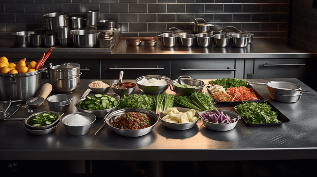 Uma bancada de cozinha industrial com diversos utensílios e tigelas em inox com alimentos preparados para serem confeccionados